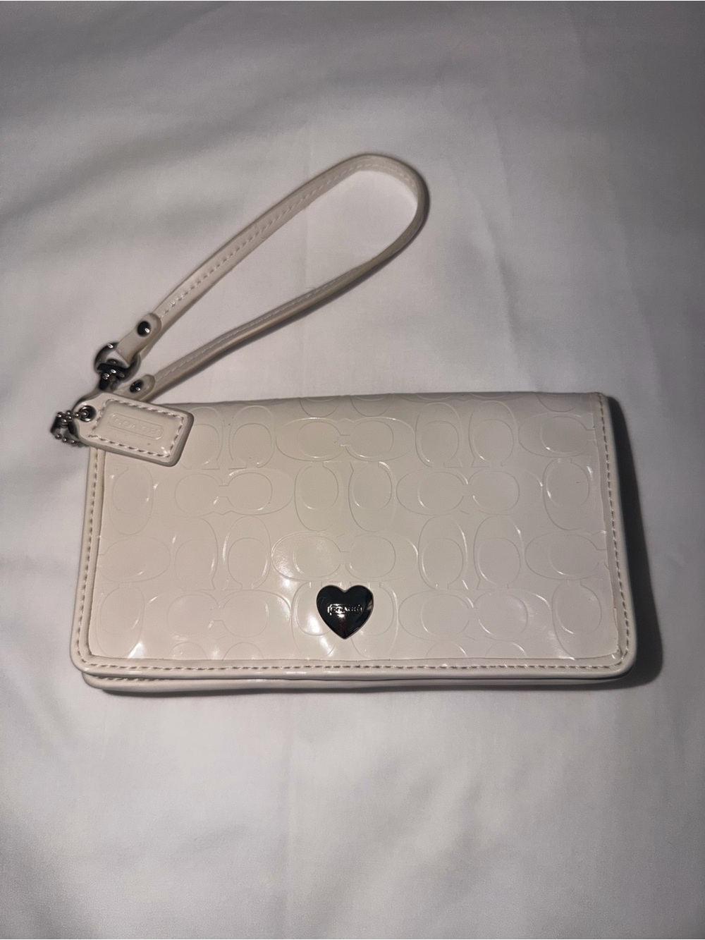 Coach Cream Patent Leather Wristlet with Heart Logo